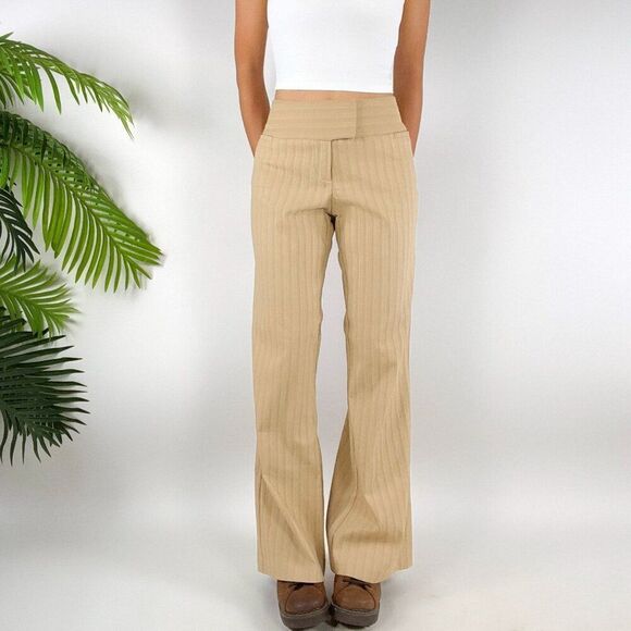 Women's Vintage Y2K Khaki Striped Classy Low Rise Bootcut Chino Dress Pants / 9 - Picture 3 of 7